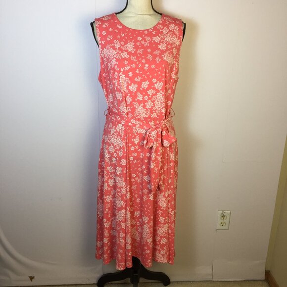 New! Charter Club A-line Midi Dress L Womans Coral Floral Knit Sleeveless Belt - Picture 1 of 15